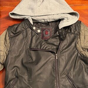 Dollhouse Black and Olive Faux Leather Jacket with Gray Hood